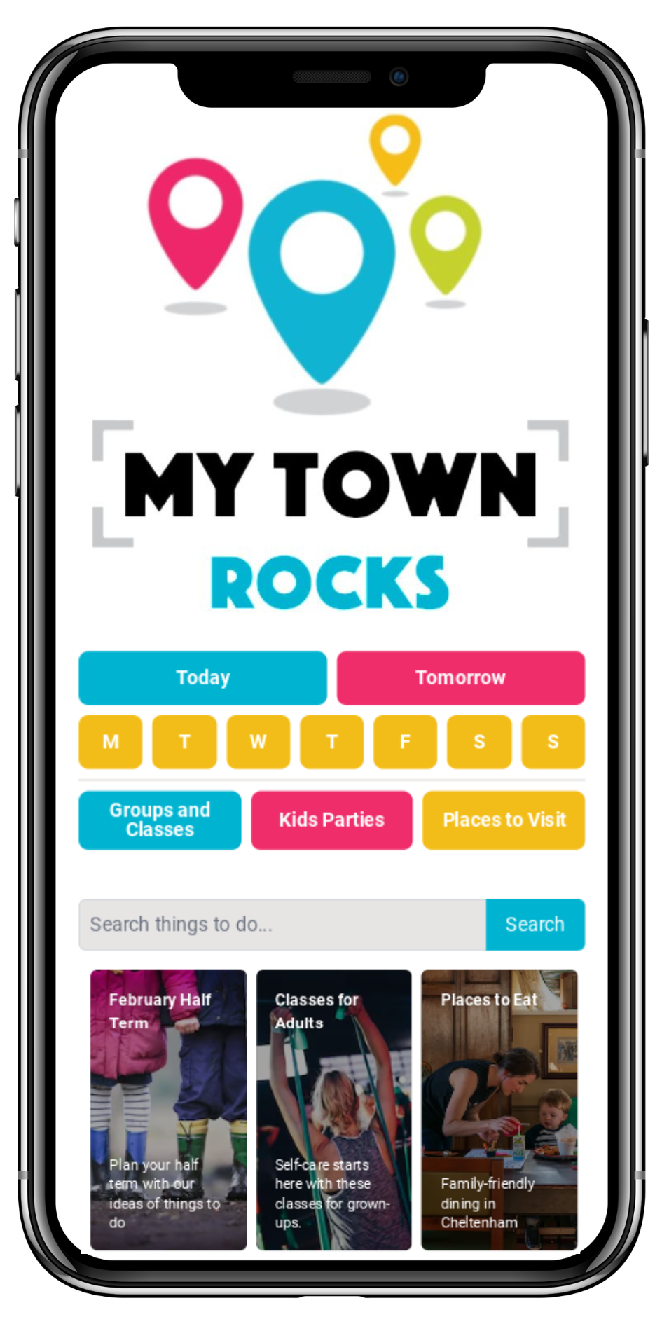 My Town Rocks website homepage on mobile